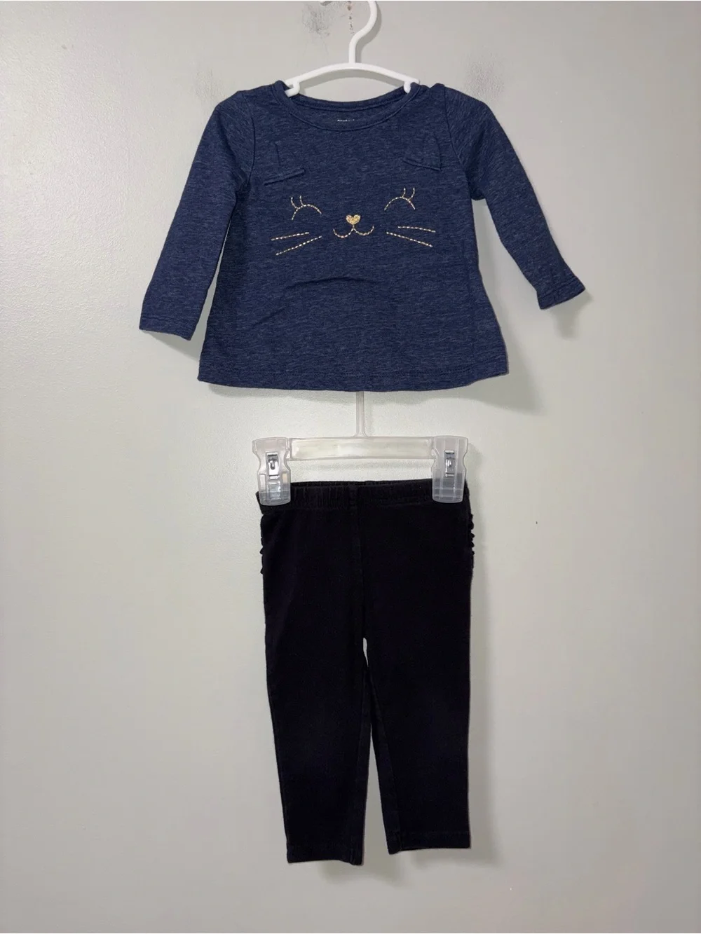 Carters Navy Cat Face Long Sleeve Tee & Jumping Beans Black Leggings 9M